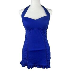 Jantzen Blue Swim Dress Swim Suit One Piece 8 Halter Ruched Soft Cups